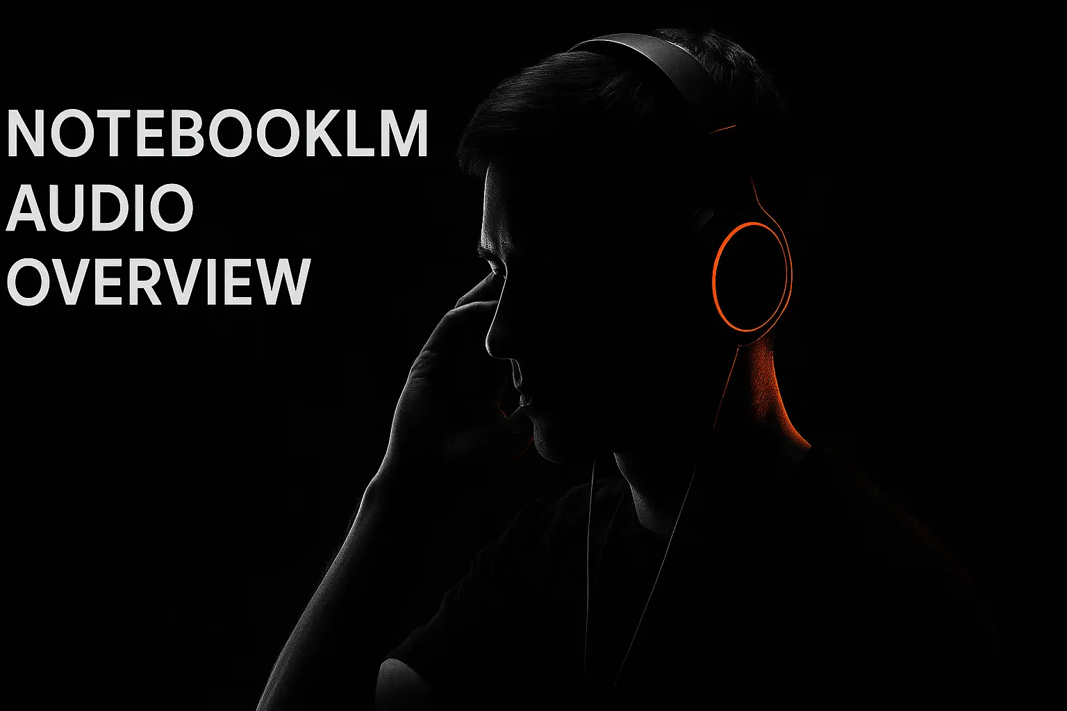 검은 배경 위, 오렌지색 라인이 강조된 헤드폰을 쓰고 있는 남성의 옆모습. 'NOTEBOOKLM AUDIO OVERVIEW'라는 흰색 텍스트가 왼쪽 상단에 배치된 미니멀한 블로그 썸네일.